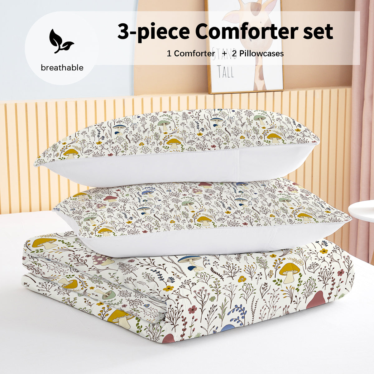 3 Pieces Mushroom Decoration Comforter Set Soft Bedding Set for Kids  Down Alternative Twin Full Queen King Size