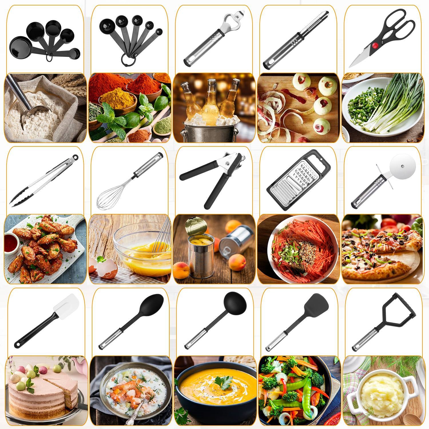 23Pcs Kitchen Utensil Set Stainless Steel Nylon Heat Resistant Cooking Utensil Tool Kit w/ Grater Scraper Tongs Whisk Can Bottle Opener Pizza Cutter Vegetable Peeler Spoon Ladle Turner Spatula Potato