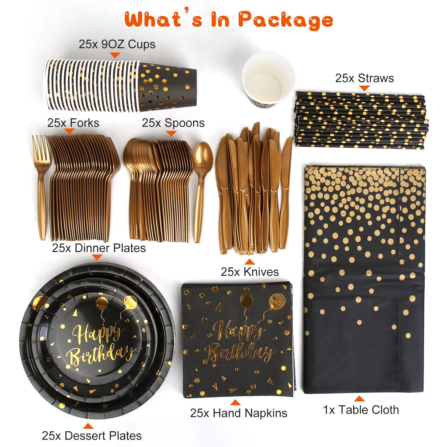 Black and Rose Gold Party Supplies - Rose Gold Dot on Black Paper Plates online Napkins Straws