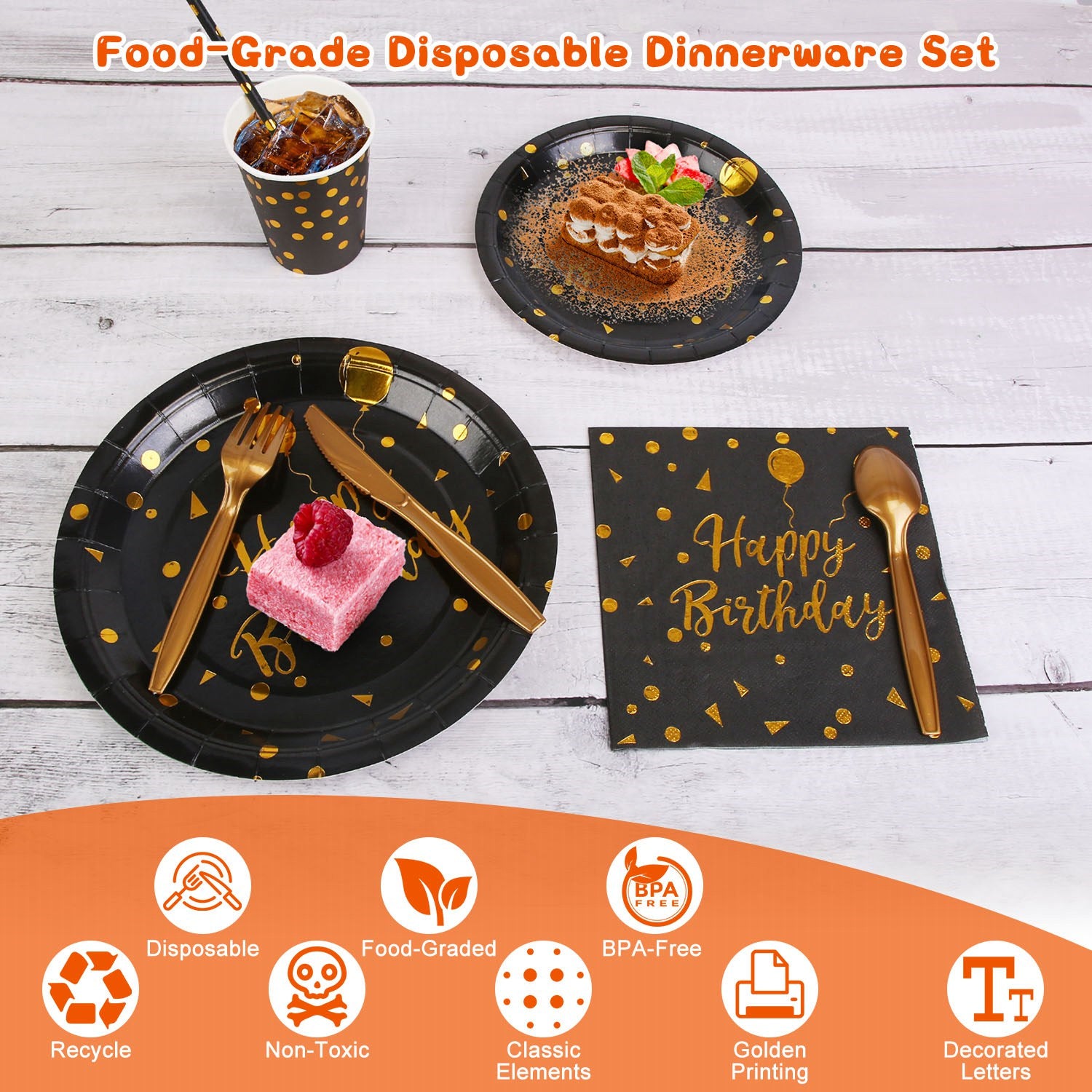 201PCS Black Gold Birthday Party Supplies For 25 Guests Happy Birthday Disposable Dinnerware Set Paper Plates 9OZ Cups Straws Napkins Forks Knives Spoons Tablecloth