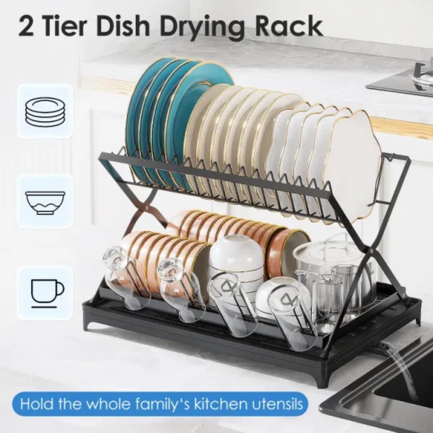 2-layer dish drying rack with bowl, cup, and basin holder, foldable dish drain rack, suitable for kitchen countertops, rust proof utensil rack with drain board, black