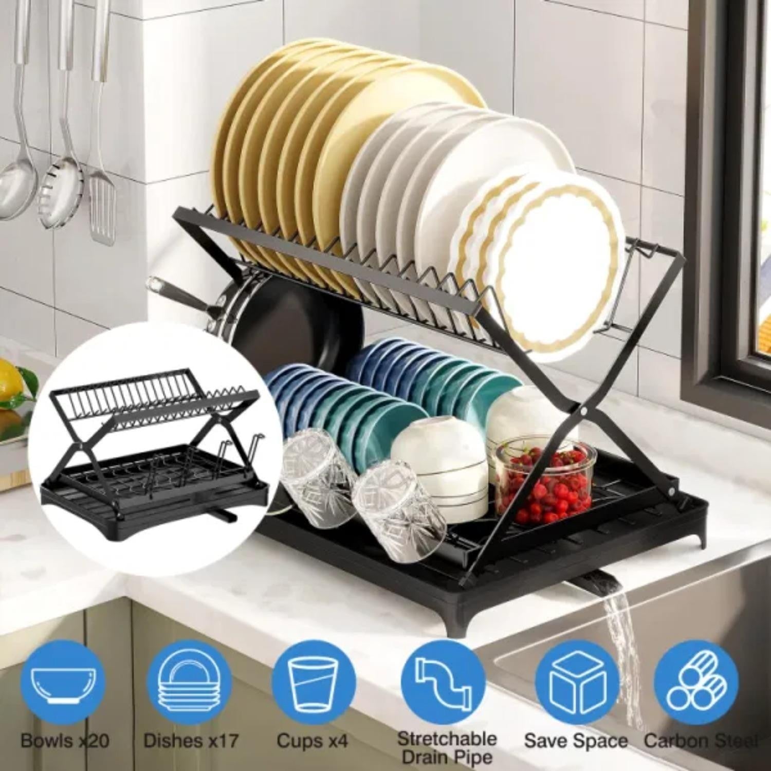 2-layer dish drying rack with bowl, cup, and basin holder, foldable dish drain rack, suitable for kitchen countertops, rust proof utensil rack with drain board, black