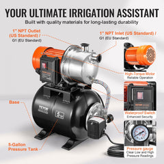 1.6HP Shallow Well Pump with Pressure Tank 1320GPH Irrigation Booster Pump