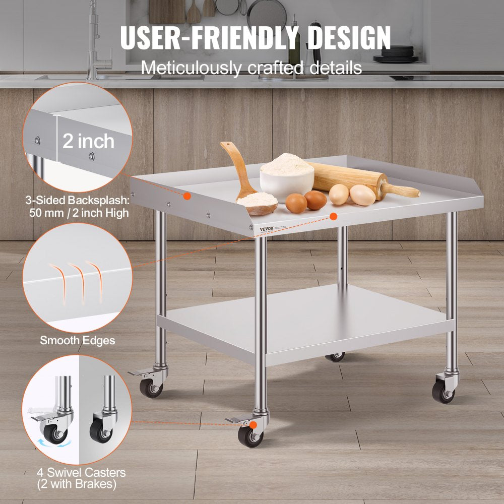 Stainless Steel Work Table, 30 x 36 x 30 Inch Commercial Food Prep Worktable with 4 Wheels, Casters, 3-Sided Backsplash Heavy Duty Prep Worktable, Metal Work Table for Restaurant Home Hotel