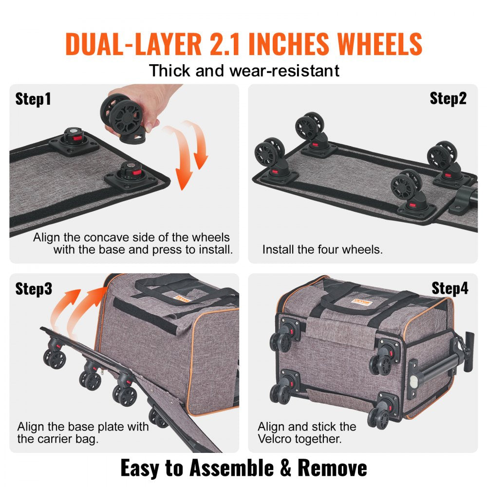 Cat Carrier with Wheels, Airline Approved Rolling Pet Carrier with Telescopic Handle and Shoulder Strap, Dog Carrier with Wheels for Pets under 22 lbs, with 1 Folding Bowl, Grey