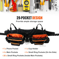 Tool Belt with Suspenders, 29 Pockets, 29-54 inches Adjustable Waist Size, Tool Belts for Men, 600D Polyester Heavy Duty Carpenter Tool Pouch for Carpenters, Electricians, and Gardening, Black