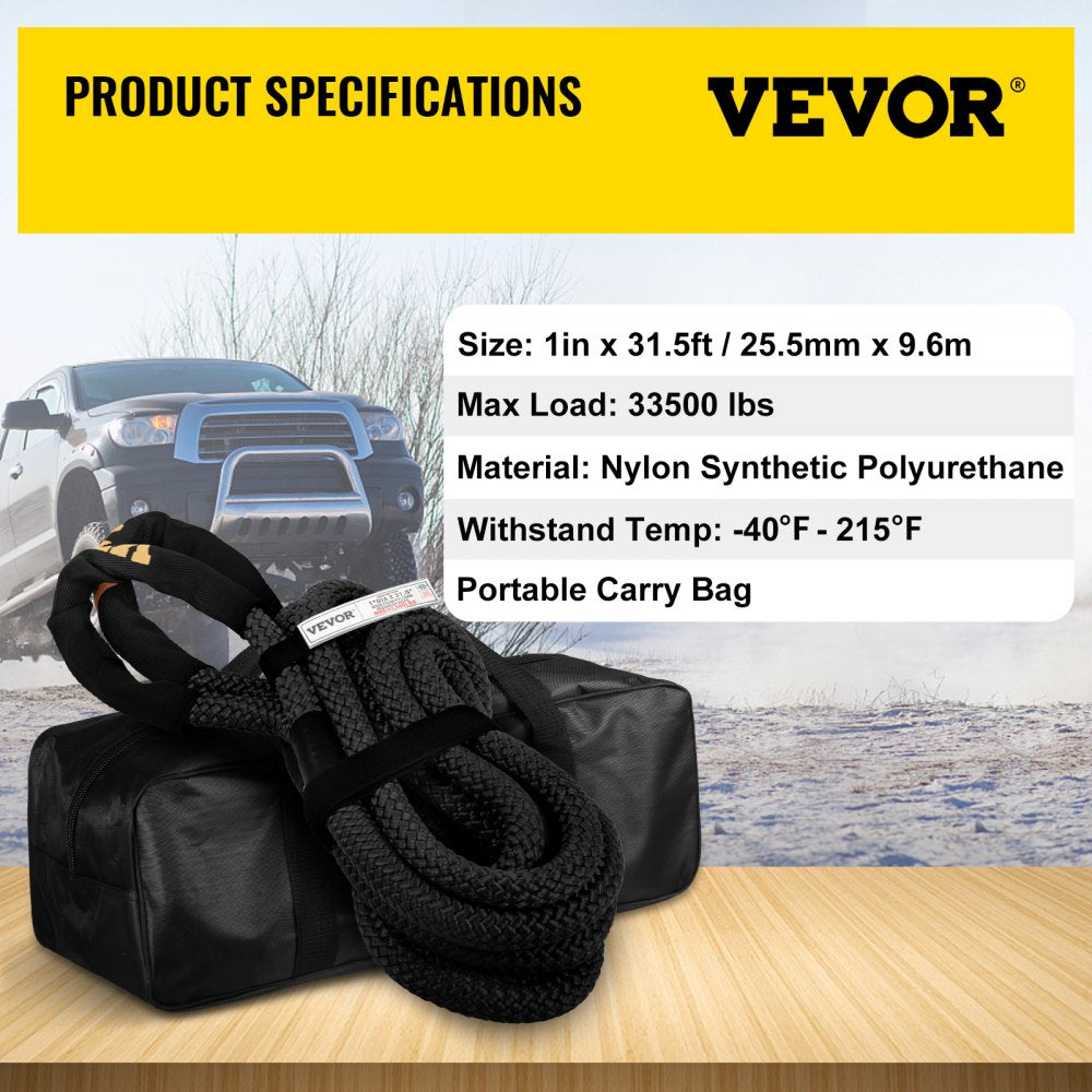 1" x 31.5` Kinetic Recovery Tow Rope, 33,500 lbs, Heavy Duty Double Braided Kinetic Energy Rope w/ Loops and Protective Sleeves, for Truck Off-Road Vehicle ATV UTV, Carry Bag Included, Black