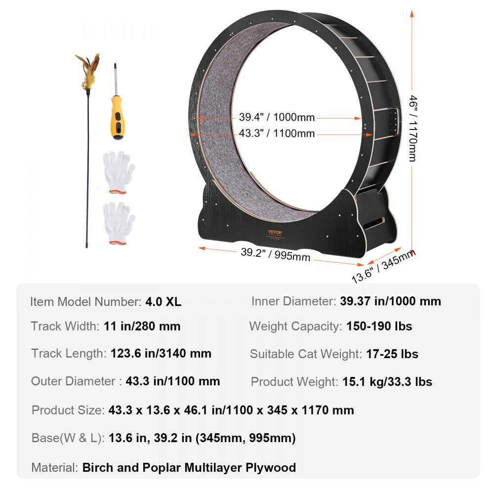 Cat Exercise Wheel, Large Cat Treadmill Wheel for Indoor Cats, 43.3 inch Cat Running Wheel with Detachable Carpet and Cat Teaser for Running/Walking/Training, Suitable for Most Cats