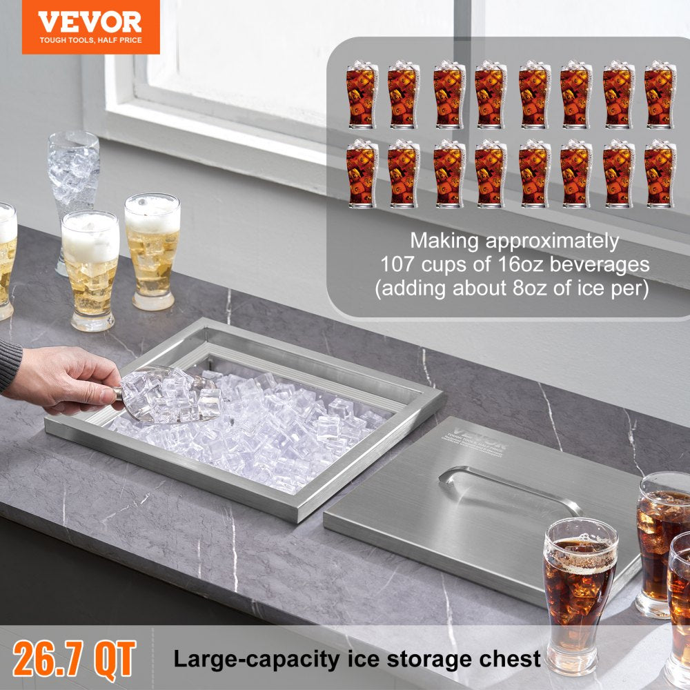 Drop in Ice Chest, 14"L x 12"W x 18"H Stainless Steel Ice Cooler, Commercial Ice Bin with Cover, 40 qt Outdoor Kitchen Ice Bar, Drain-pipe and Drain Plug Included, for Cold Wine Beer
