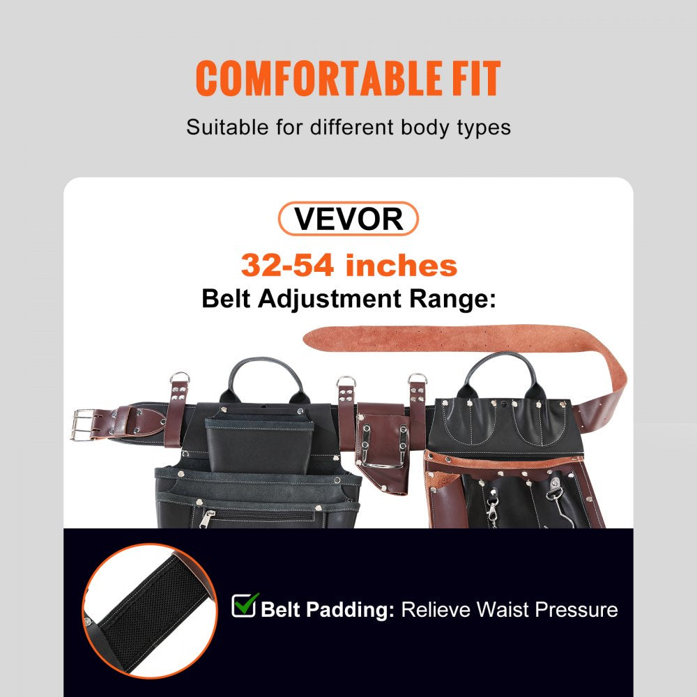 Tool Belt, 31 Pockets, Adjusts 32 Inches to 54 Inches, Leather Heavy Duty Tool Pouch Bag, Detachable Tool Bag for Electrician, Carpenter, Handyman, Woodworker, Construction, Black/Brown