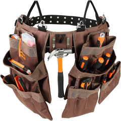 19 Pockets ool Belt, Adjusts from 32 Inches to 54 Inches, Polyester Heavy Duty Tool Pouch Bag, Detachable Tool Bag for Electrician, Carpenter, Handyman, Woodworker, Construction, Framer, Brown