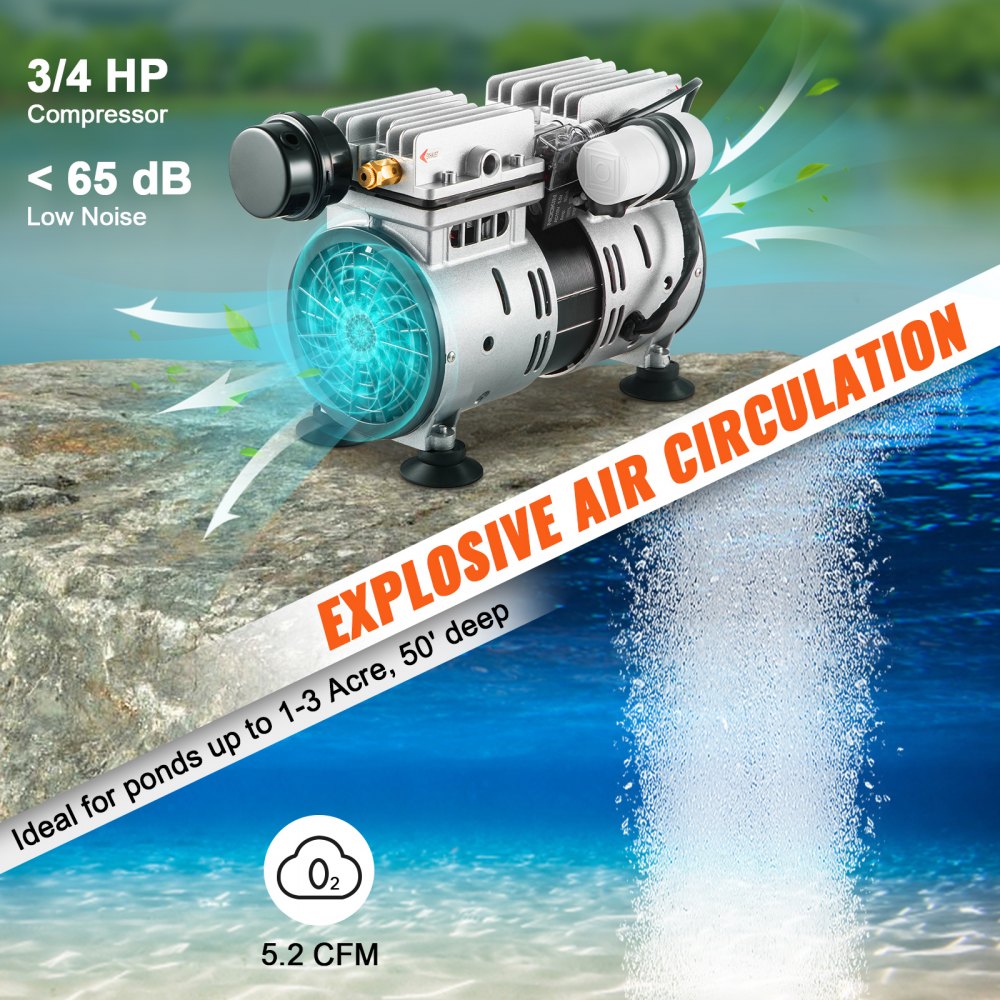 Aerator, 550W Power 5.2CFM for Up to 3 Acre 50` Includes 3/4 HP Compressor & Timer & Valves, Air Compressor for Deep Water Oxygen Circulation, for Pond, Lake, No Diffuser, Black