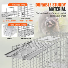 Live Animal Cage Trap, 31" x 10" x 12" Humane Cat Trap Galvanized Iron, Folding Animal Trap with Handle for Rabbits, Stray Cats, Squirrels, Raccoons, Groundhogs and Opossums