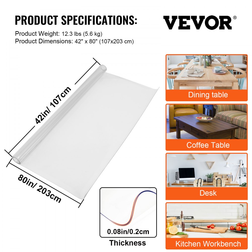 80 x 42 Inch Clear Table Cover Protector, 2mm Thick Clear Desk Protector Table Pads, Plastic Tablecloth Table Protector for Dining Room Table