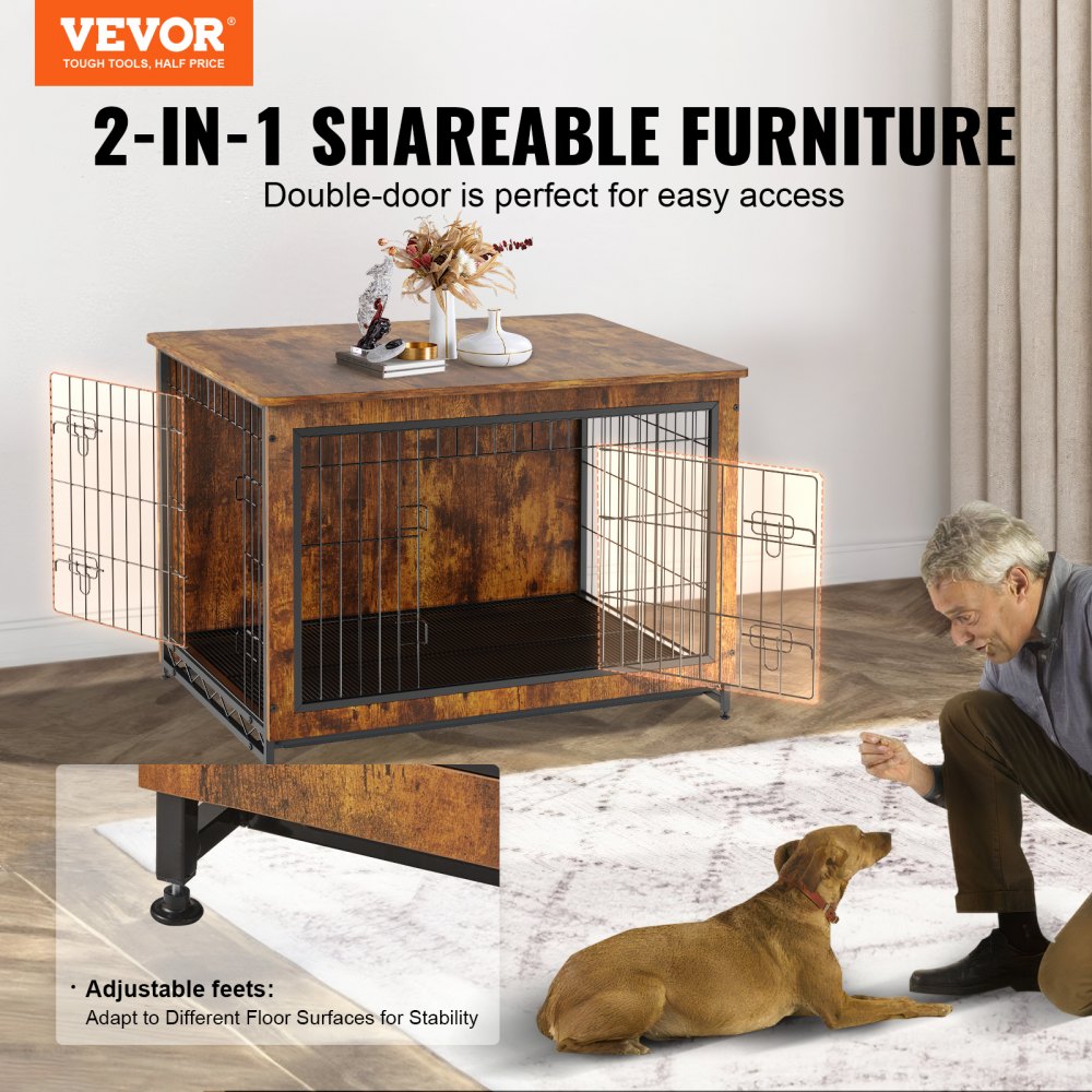 Dog Crate Furniture, 38.6 inch Wooden Dog Crate with Double Doors, Heavy-Duty Dog Cage End Table with Multi-Purpose Removable Tray, Modern Dog Kennel Indoor for Dogs up to 70lb, Rustic Brown
